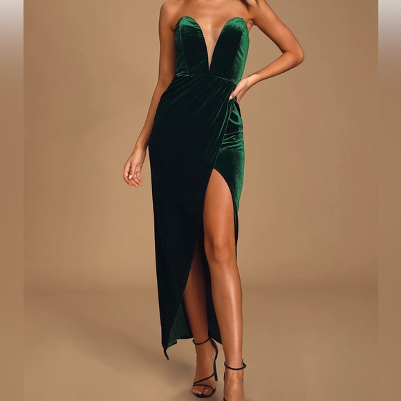 LuLu’s Green Velvet Strapless Formal Gown Dress - Picture 2 of 5